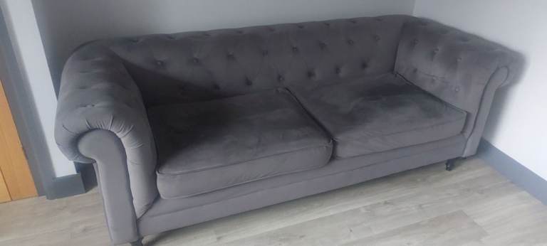 Comfortable Grey Velvet Three-Seater Sofa - Good Condition