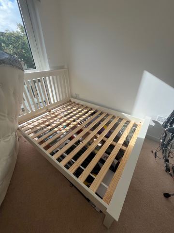 White Wooden Double Bed Frame with Slats – Good Condition, £150.00