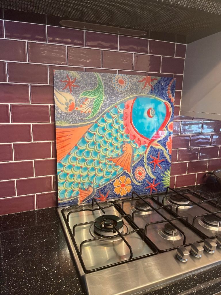 Colourful Fish Design Glass Splashback/Chopping Board