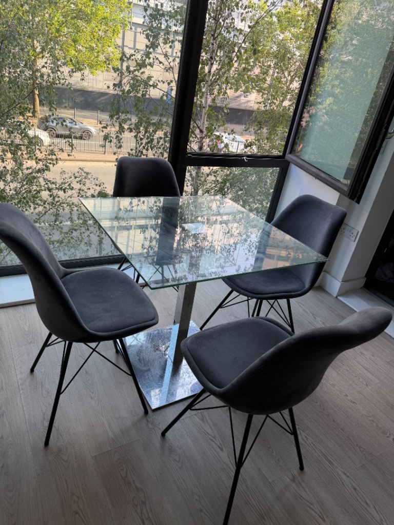 Need gone ASAP - Glass Dining Table & 4 Grey - Fabric Velvet Chairs – Good Condition, Collection E14