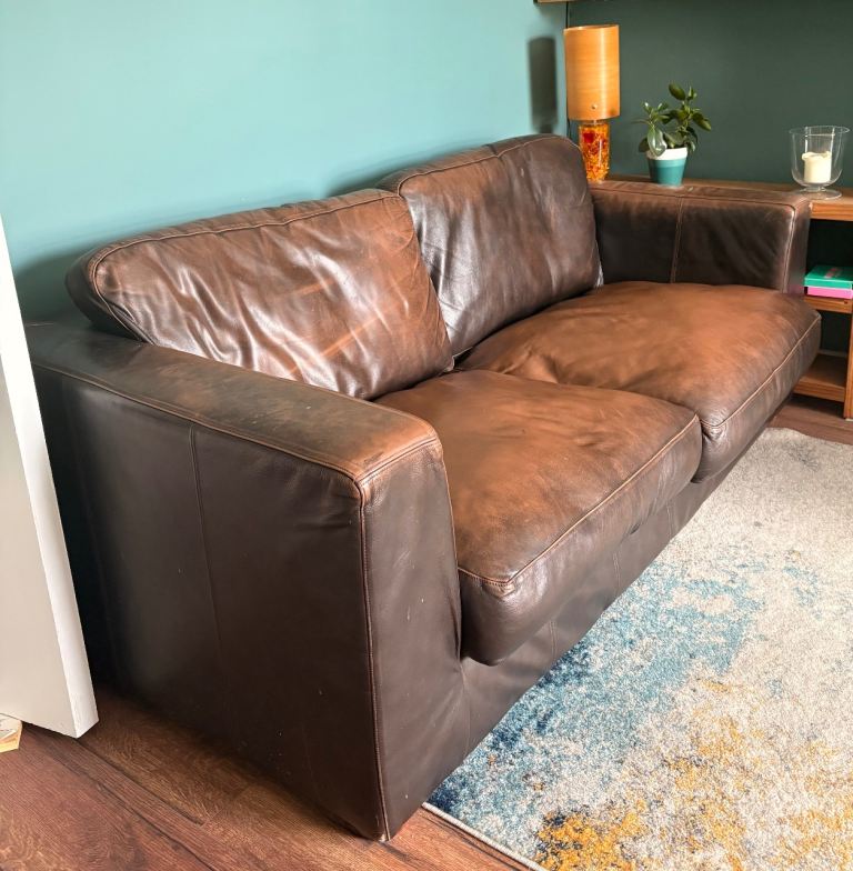 Brown Leather 2-Seater Sofa – Well-Used but Comfy