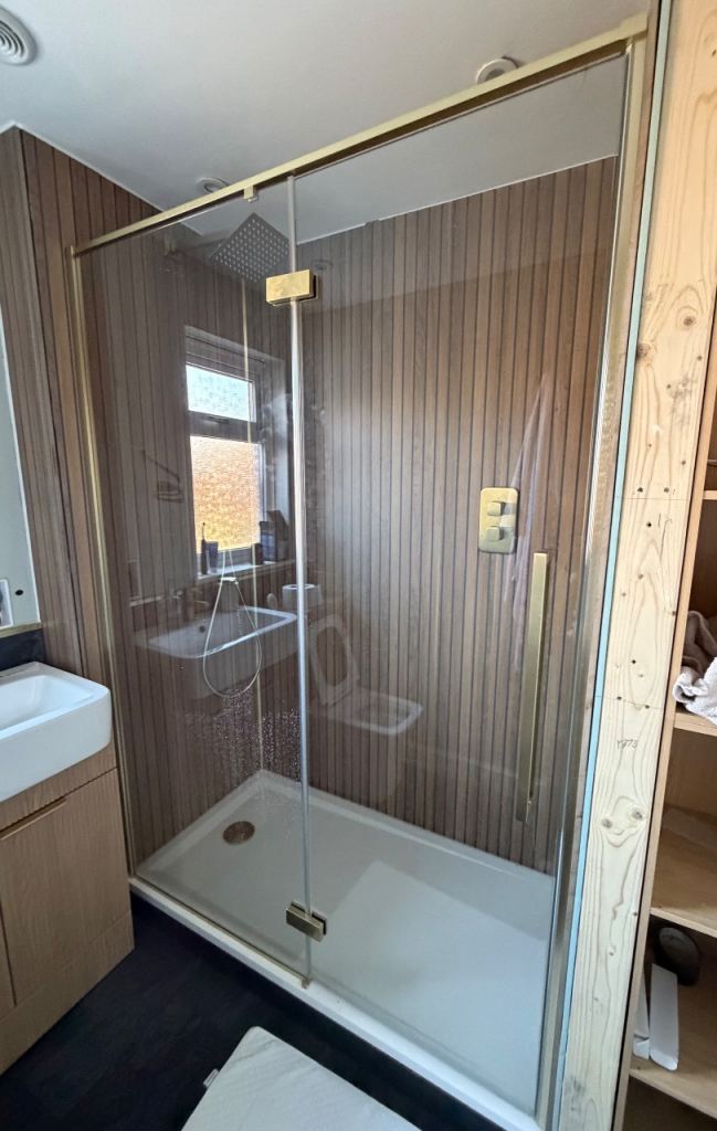 Helsinki Brushed Brass Premium Easy Clean Hinged Shower 1400mm