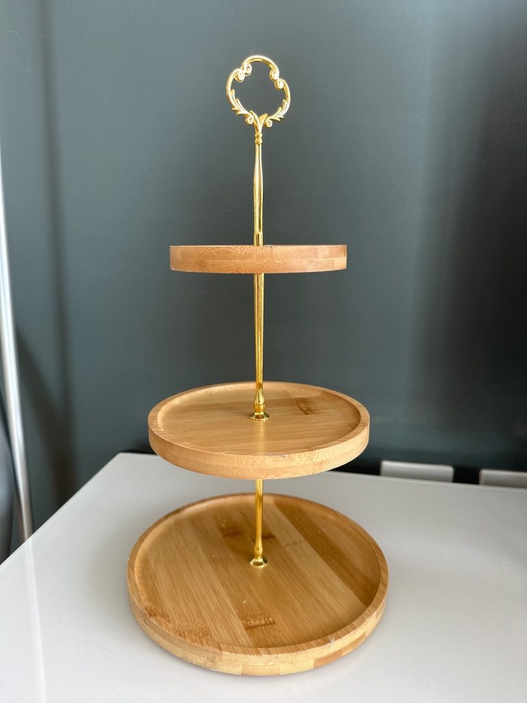 image for Elegant Two-Tier Wooden Serving Stand with Gold Handle