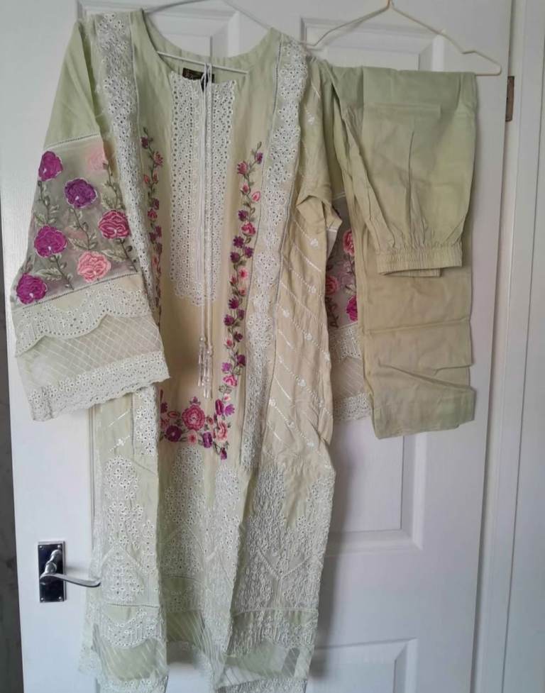 Lime Green Floral & Chikankari Embroidered 3 Piece Suit