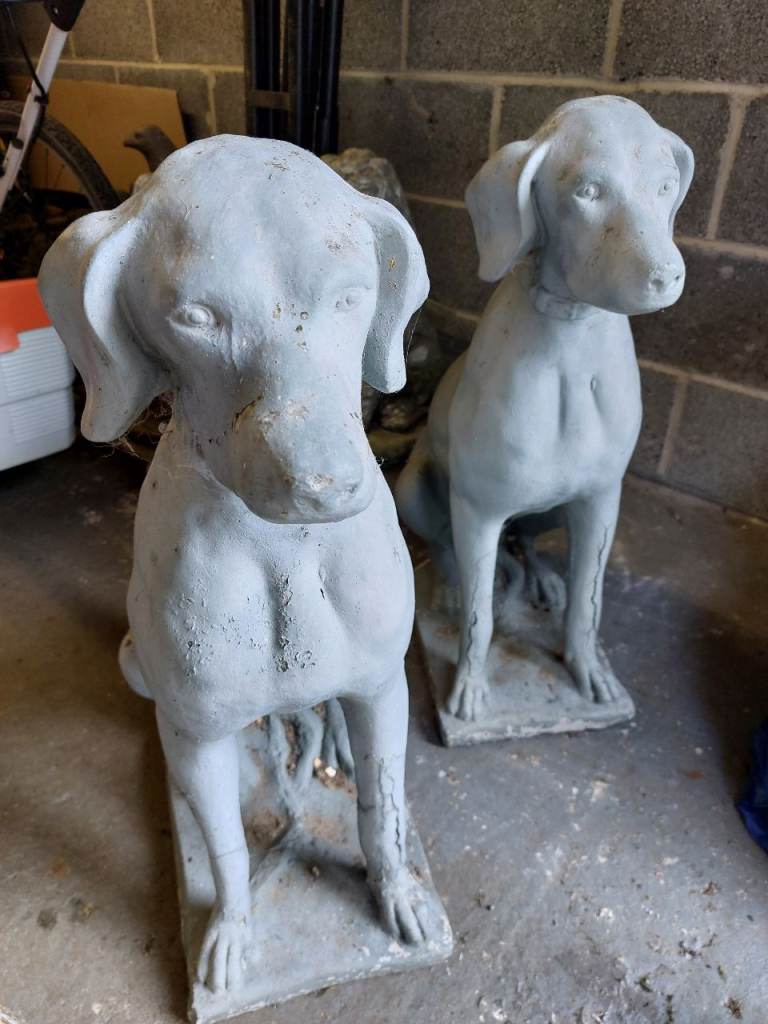 2 stone dog garden statues 