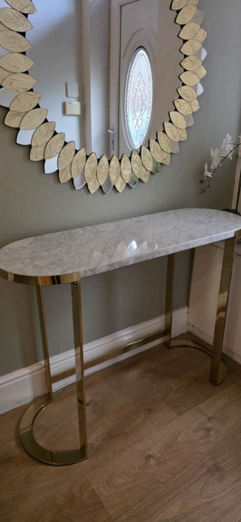 Oval Console Table with Gold Metal Frame and Marble Effect Top