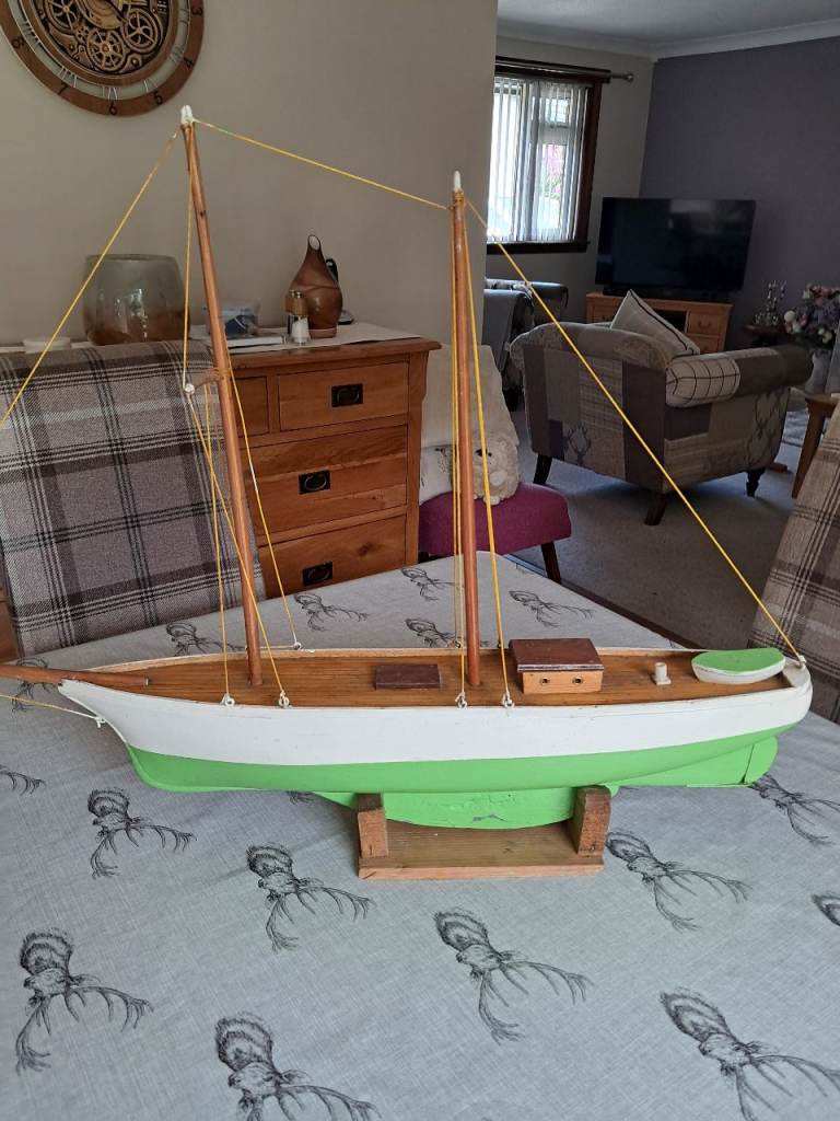 Vintage Wooden Model Sailing Boat – Green & White, Good Condition