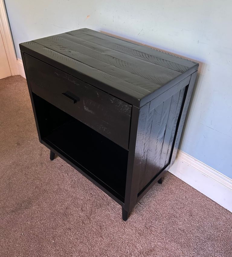 1 Black Wooden Bedside Drawer Shelf on Legs H26in/66cm W24in/61cm D14in/36cm Good condition  J324