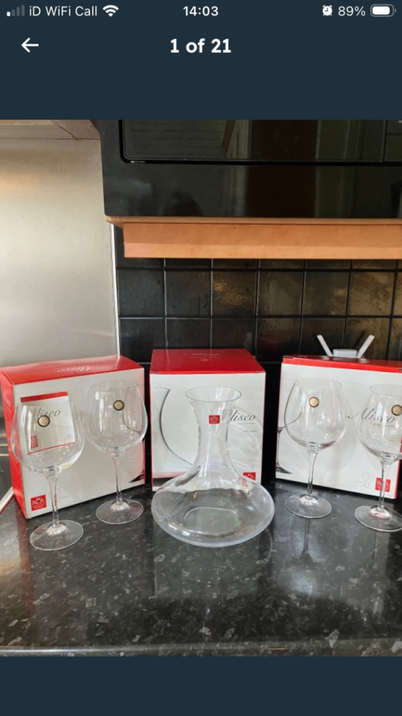 Brand new and boxed RCR Aliseo wine decanter and 4 glasses