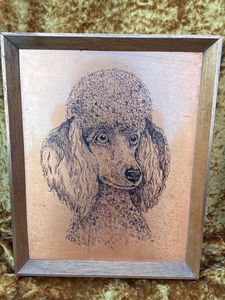 Vintage Poodle Dog Picture in Wooden Frame – coppercraft, Good Condition