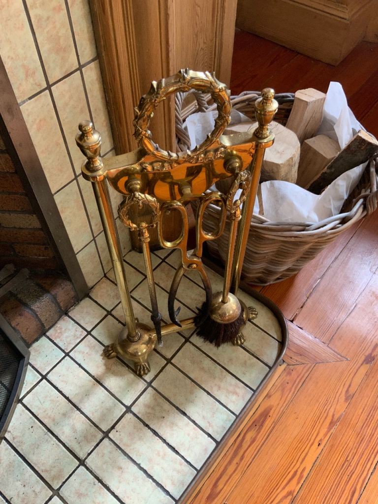 Antique brass fireplace set