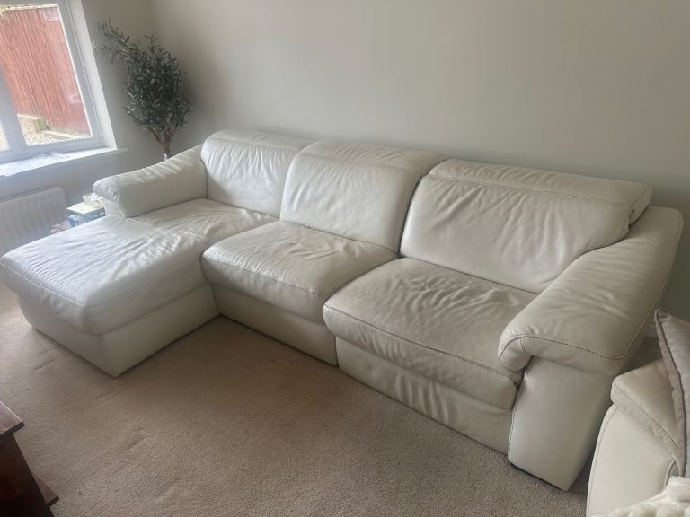 Cream Leather Sofa - Electric Chaise & recliner 