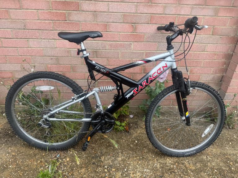Retro Saracen Raw 2 full suspension mountain bike, 20" large frame, 18 speed, 26" wheels mtb