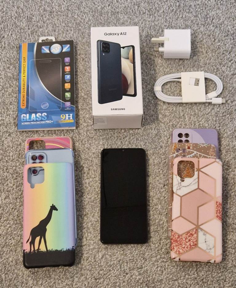 Samsung Galaxy A12 mobile with box and accessories