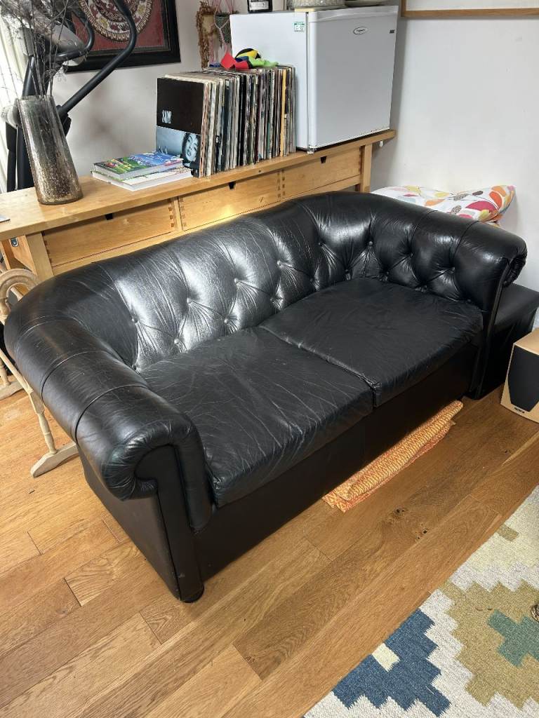 Black Leather Chesterfield Sofa – Good Condition