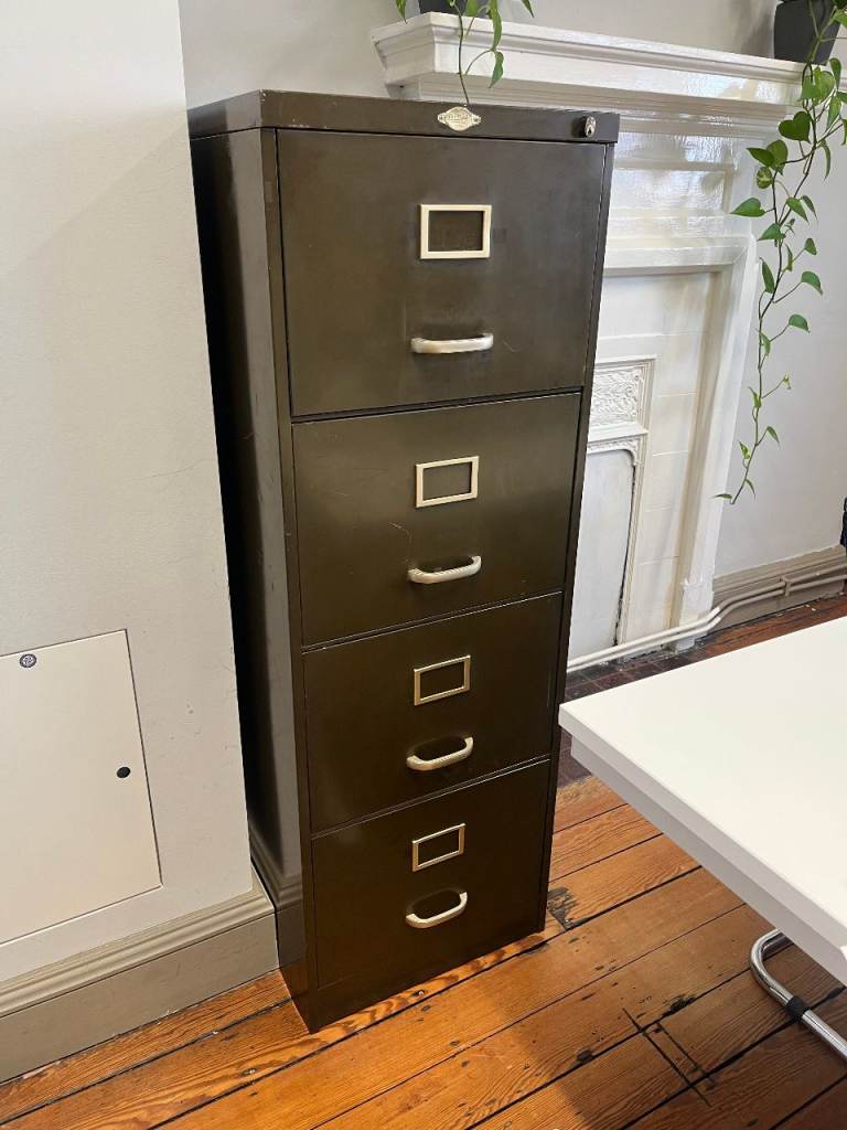 Vintage Olive Green 4 Drawer Metal Filing Cabinet - Used
