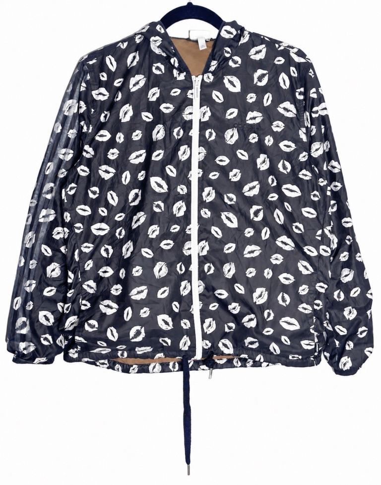 Adidas Women’s Vintage Y2K Windbreaker M Black Lip Print Hooded Shell Jacket