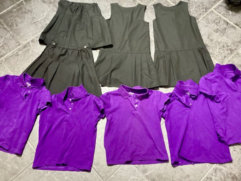 Kids School Uniform Bundle - black Skirts/Pinafores & Purple Polo Shirts