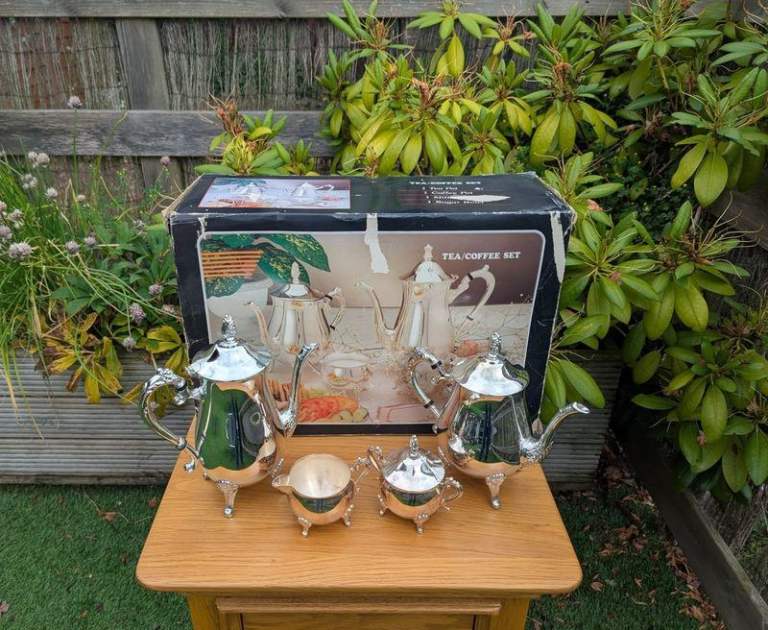 Boxed 4 piece plated tea/coffee set