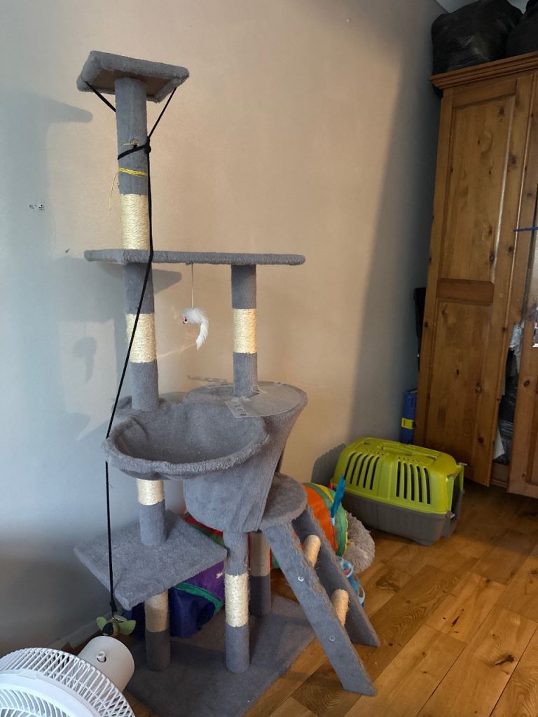 Large Multi-Level Grey Cat Tree & Scratching Post Tower