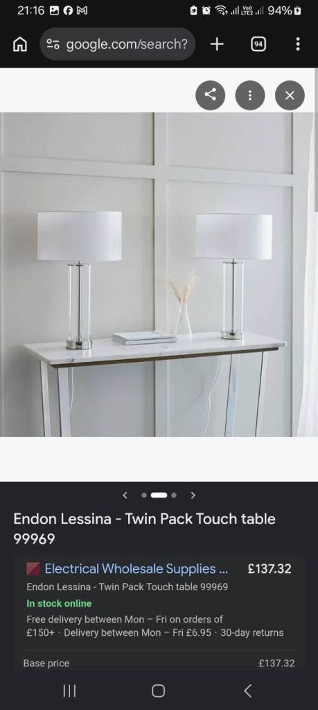 Endon Lessina - Twin Pack Touch table lamp
