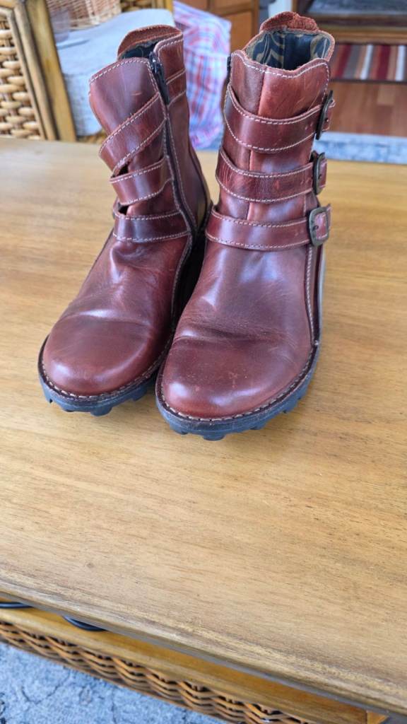 Burgundy Leather Ankle Boots with Buckles  by Fly London – Good Condition Size 6