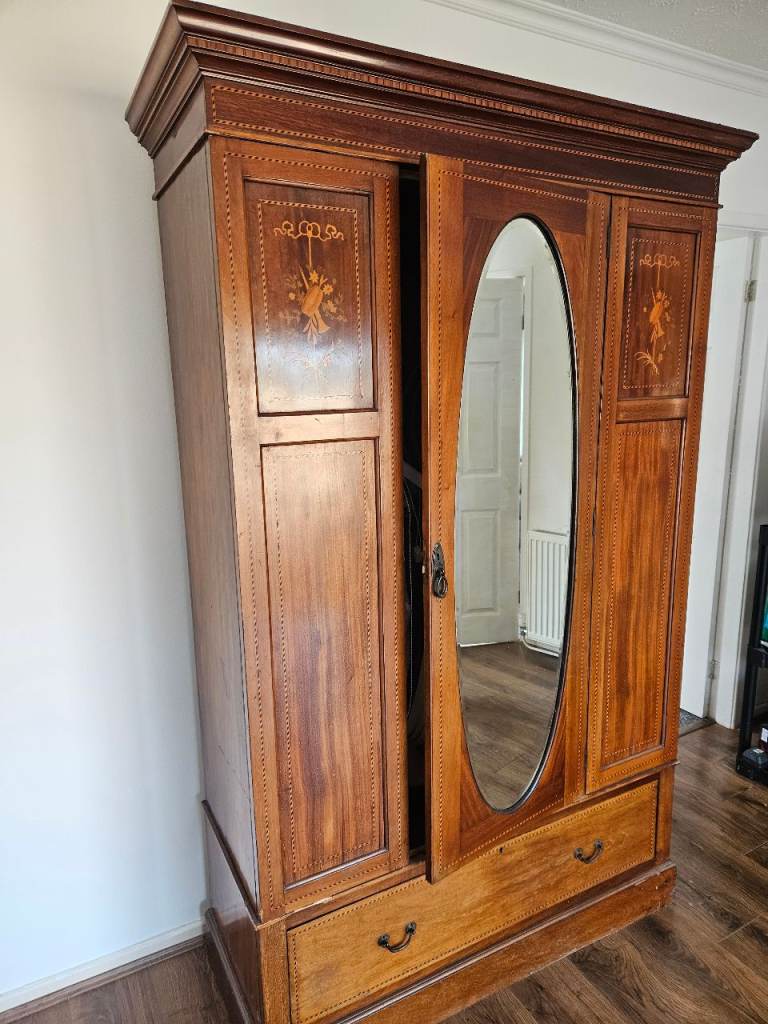 Solid Wood Georgian Vintage Wardrobe with Mirror and Drawer – Good Condition