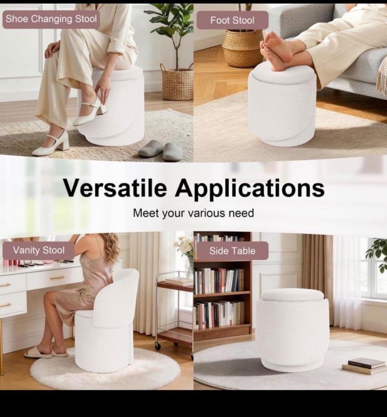 New White Fabric Stool with 360° Swivel – Versatile Use