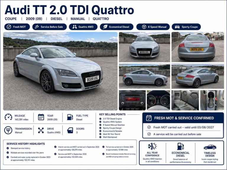 Audi, TT, Coupe, 2009, Manual, 1968 (cc), 2 doors