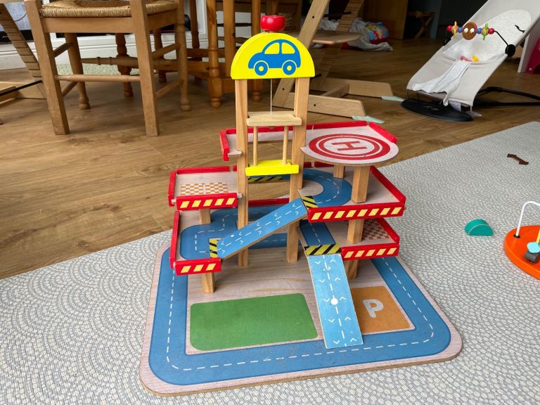 Wooden toy car garage