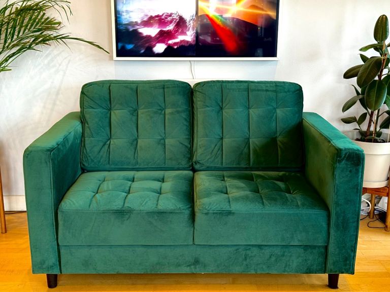 image for Gorgeous 2 seater green velvet sofa (as new)
