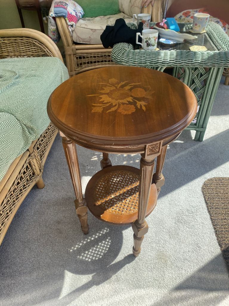 Vintage Style Round Wooden Side Table with Inlay