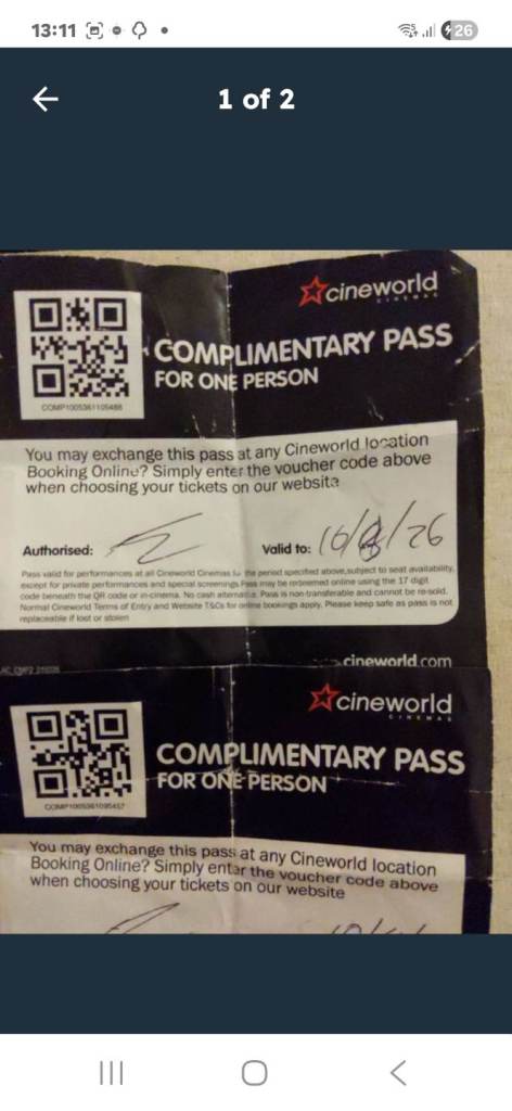 2 complimentary passes any screen any film valid until aug 26