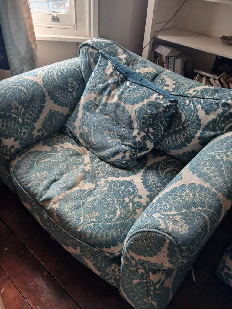 Comfy Blue Patterned Armchair – Good Condition