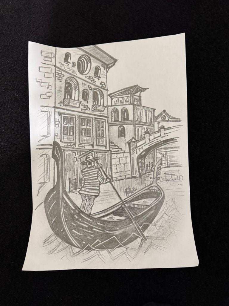 A4 Original Hand-Drawn Sketch of a gondola in Venice - Black & White Pencil