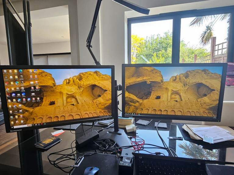 Dual Lenovo Monitor Setup – Monitors + Arms + Light – Excellent Condition