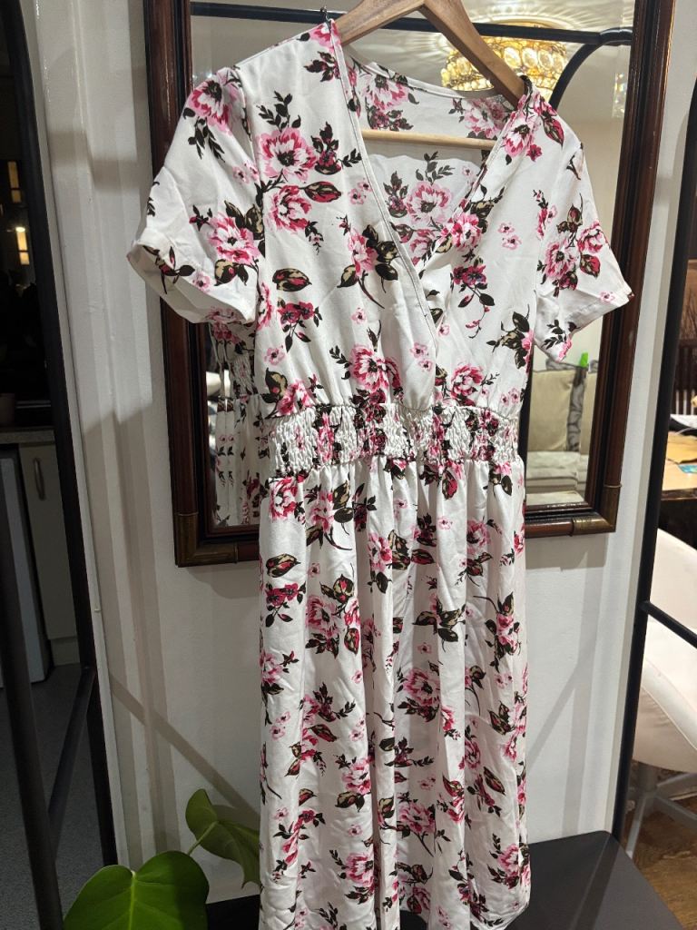floral print shirred waist dress with a V-neck and short sleeves. 