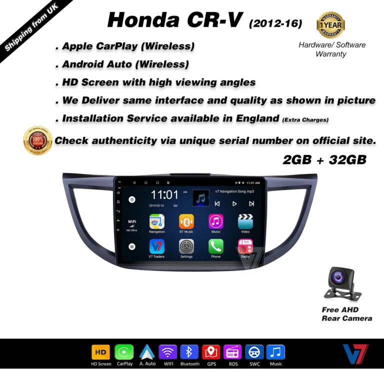 Honda CRV 2012-16 CARPLAY Android Auto HD Screen Head Unit GPS Stereo LCD Panel V7