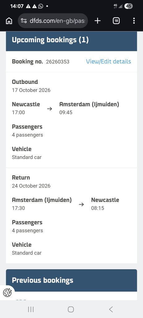 Ferry return tickets 4 persons cabin newcastle to amsterdam 