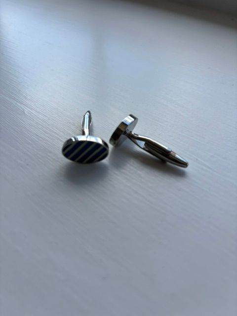 Polished Metal and Blue Striped Cufflinks – Good Condition