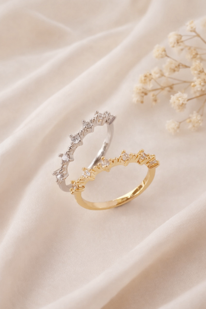 14K Gold/Silver Plated CZ Half Eternity Ring Stackable Pave Band Minimalist Gift for her 