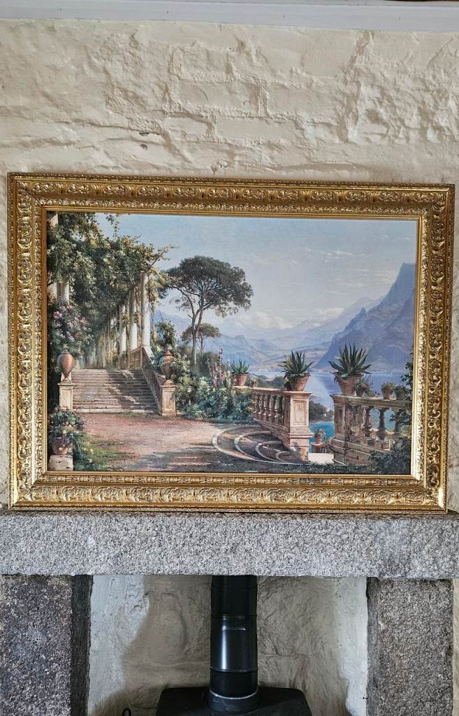 Large Framed Lake Como Landscape Print – Ornate Gold Frame – 48" x 35"