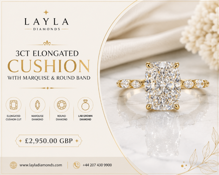 3ct Elongated Cushion with Marquise & Round Band | Layla Diamonds