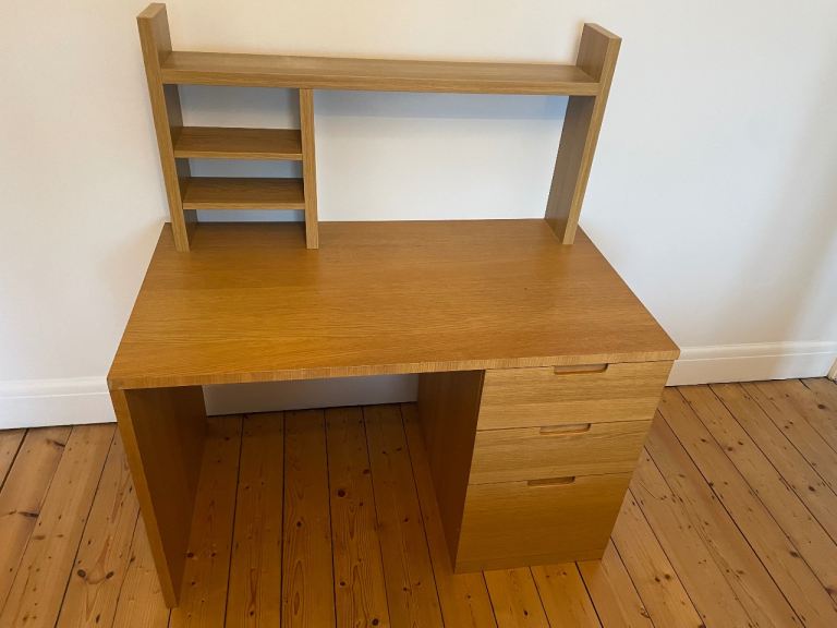 Oak veneer desk, drawers and shelves 