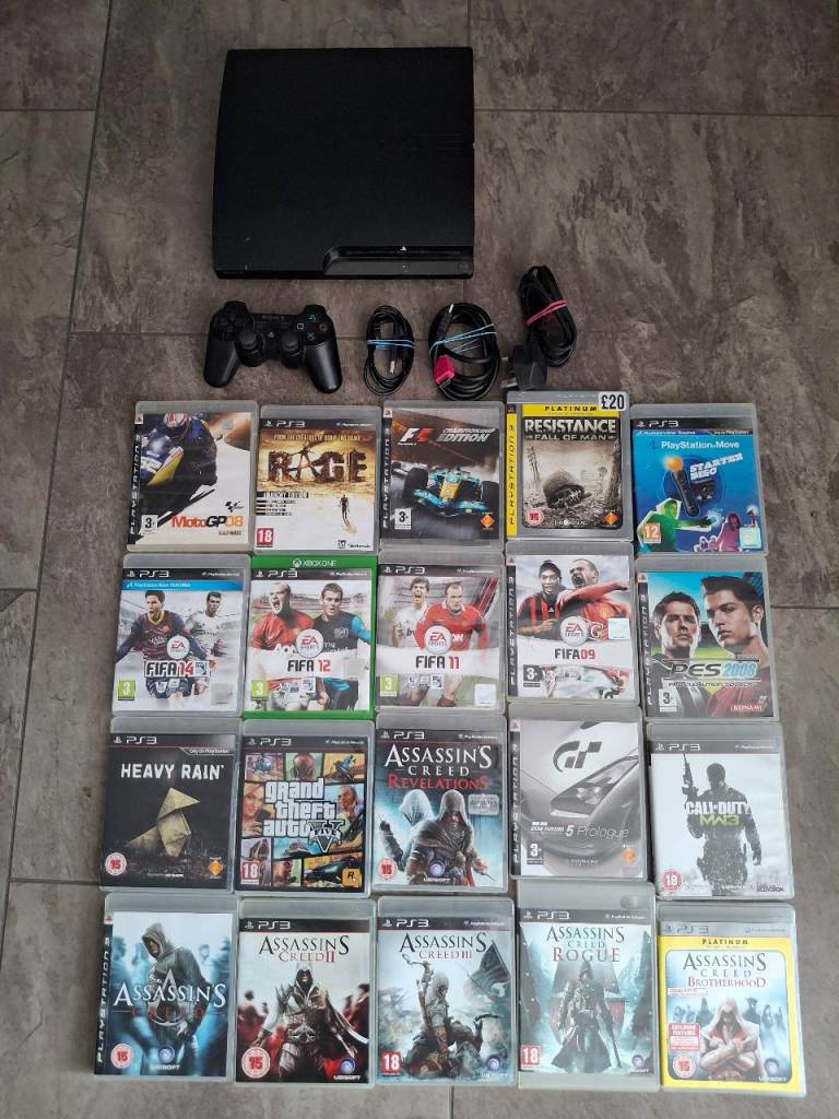 playstation 3 slim with 1 controller all leads and 20 games