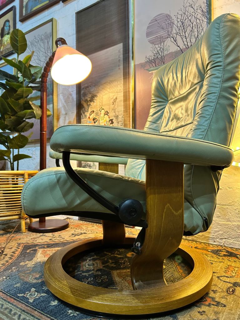 Ekorness Leather Swivel and Recline Chair in Light Green with Footstool £465
