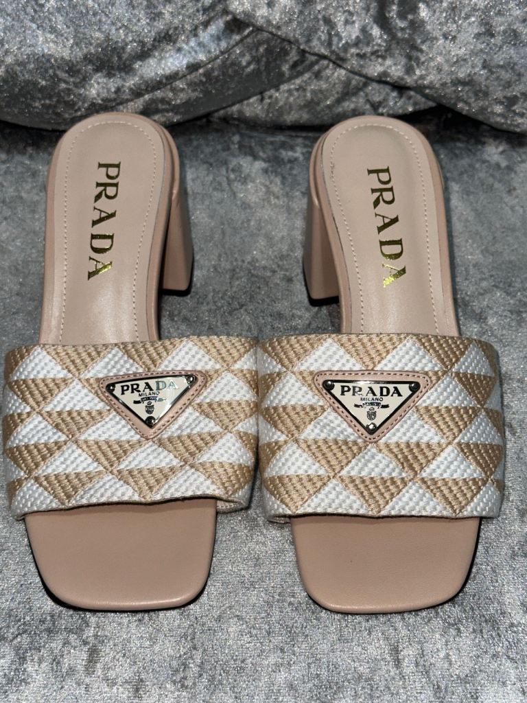 Brand new Authentic PRADA logo triangle pattern embroidered fabric block heel sandal women size 37