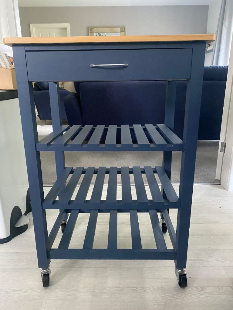 Navy Blue Kitchen Trolley with Wooden Top and Drawer