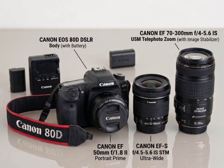 Complete Canon EOS 80D DSLR Kit – Body + 3 Lenses (10-18mm, 50mm f/1.8, 70-300mm IS)