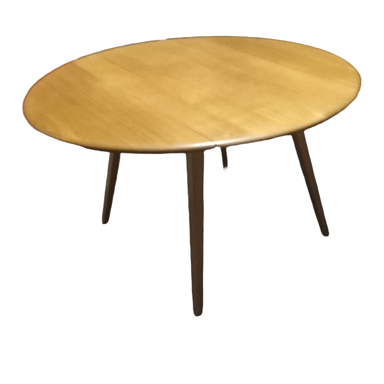 ERCOL CIRUCLAR  ELM DROP LEAF DINING TABLE, 4 MATCHING   WINDSOR QUAKER CHAIRS